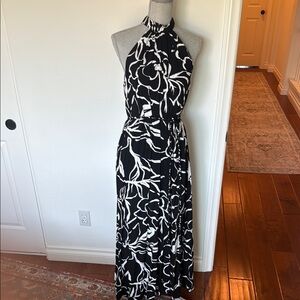 1. STATE Elegant Black and White Halter Dress